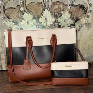 Elegant Brown, Black, and Cream Tote Bag Set